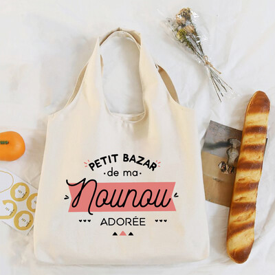Mulțumesc Nounou Geantă de umăr cu imprimeu francez Geantă tote din pânză Genți de mână pentru femei Harajuku Genți de cumpărături reutilizabile Cadou pentru Nounou