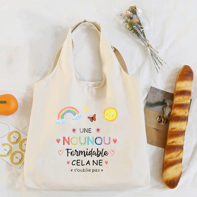 Mulțumesc Nounou Geantă de umăr cu imprimeu francez Geantă tote din pânză Genți de mână pentru femei Harajuku Genți de cumpărături reutilizabile Cadou pentru Nounou