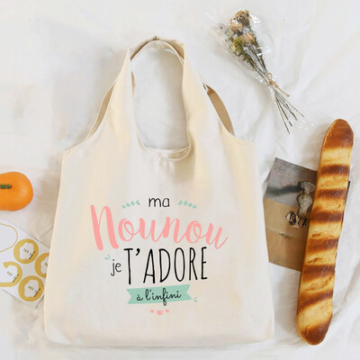 Mulțumesc Nounou Geantă de umăr cu imprimeu francez Geantă tote din pânză Genți de mână pentru femei Harajuku Genți de cumpărături reutilizabile Cadou pentru Nounou