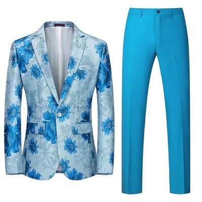Muško odijelo, dvodijelno narančasto cvjetni uzorak, jedno dugme, poslovno ležerno za vjenčanje, rođendan, set sakoa i hlača