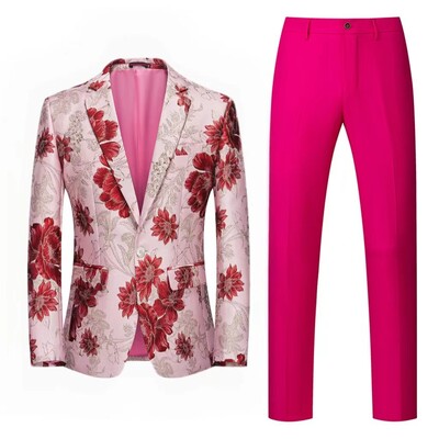 Muško odijelo, dvodijelno narančasto cvjetni uzorak, jedno dugme, poslovno ležerno za vjenčanje, rođendan, set sakoa i hlača