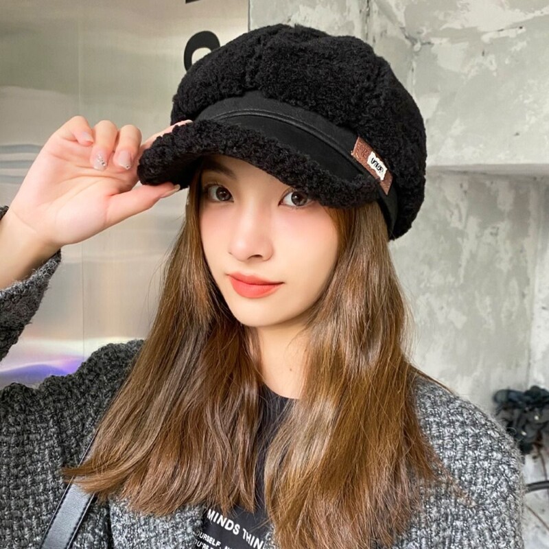 Șapcă cu vârf din lână de miel îngroșată cu personalitate, Harajuku, rezistentă la frig, pălărie de pictor de iarnă, ține la cald Beretă, șapcă octogonală de pluș, doamnelor