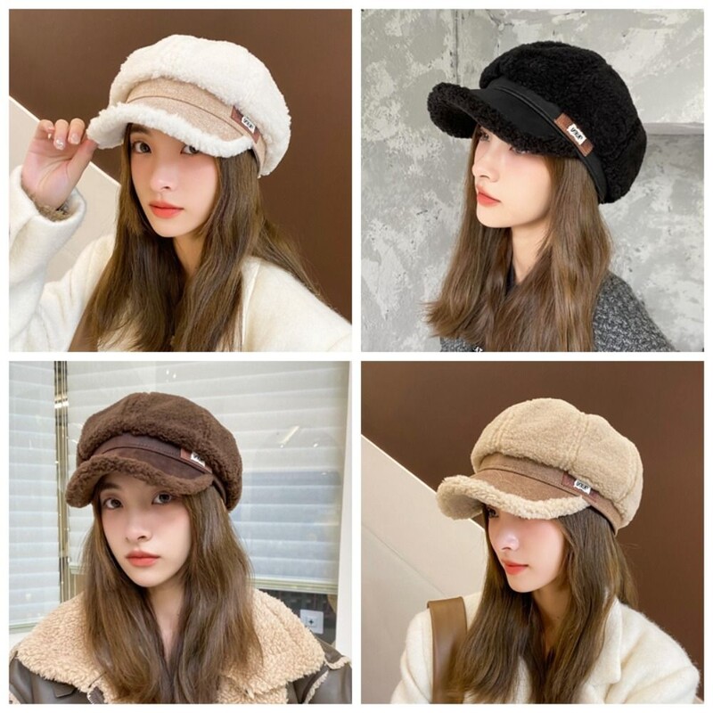 Șapcă cu vârf din lână de miel îngroșată cu personalitate, Harajuku, rezistentă la frig, pălărie de pictor de iarnă, ține la cald Beretă, șapcă octogonală de pluș, doamnelor