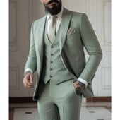 Costume verde deschis Costume pentru bărbați 3 piese Îmbrăcăminte de nuntă Afaceri Bărbați Mire Rochie de mireasă Jachetă Vesta Pantaloni Set Blazere Bărbați Fahion