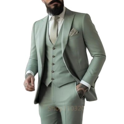 Costume verde deschis Costume pentru bărbați 3 piese Îmbrăcăminte de nuntă Afaceri Bărbați Mire Rochie de mireasă Jachetă Vesta Pantaloni Set Blazere Bărbați Fahion