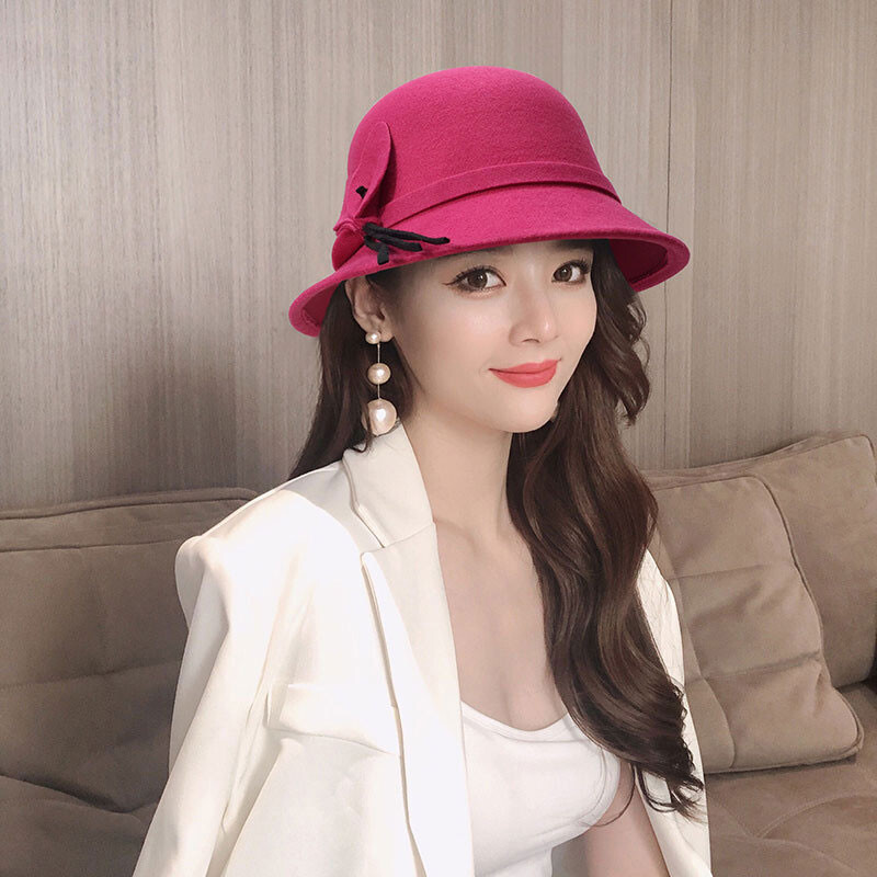 Sieviešu modes bantes cepure korejiešu vilnas filcs Sieviešu vintage eleganta kausa cepure silta rudens pavasara Panamas cepure Bowknot meitene dāvana