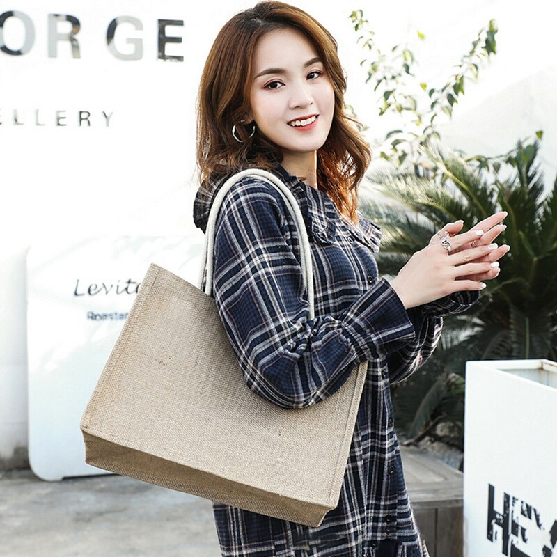 Geantă de iuta de mare capacitate pentru cumpărături Geantă de tote portabilă vintage Geantă de mână din in Geantă de frânghie de bumbac Geantă de umăr ocazională de transport pentru femei