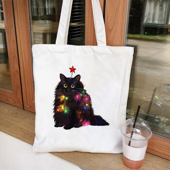 Коледни светлини Cat Canvas Tote Чанти Забавна дамска чанта за през рамо Merry Christmas Party Пазаруване Чанта за пазаруване Дамска чанта за многократна употреба