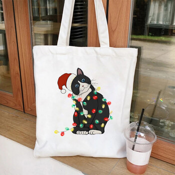 Коледни светлини Cat Canvas Tote Чанти Забавна дамска чанта за през рамо Merry Christmas Party Пазаруване Чанта за пазаруване Дамска чанта за многократна употреба