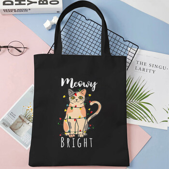 Коледни светлини Cat Canvas Tote Чанти Забавна дамска чанта за през рамо Merry Christmas Party Пазаруване Чанта за пазаруване Дамска чанта за многократна употреба