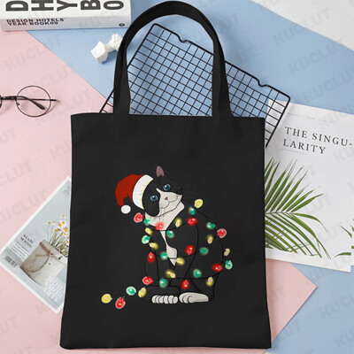 Lumini de Crăciun Genți de tote din pânză pentru pisici Geantă amuzantă de umăr pentru femei, petrecere de Crăciun fericit, geantă pentru cumpărături, geantă de mână reutilizabilă