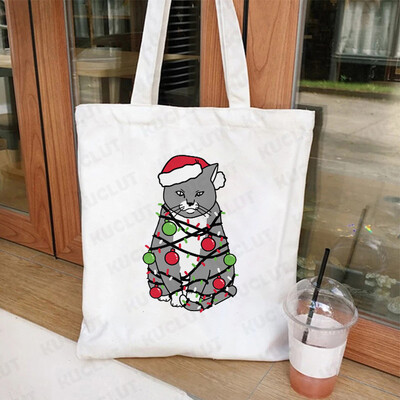 Lumini de Crăciun Genți de tote din pânză pentru pisici Geantă amuzantă de umăr pentru femei, petrecere de Crăciun fericit, geantă pentru cumpărături, geantă de mână reutilizabilă
