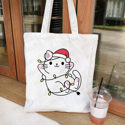 Lumini de Crăciun Genți de tote din pânză pentru pisici Geantă amuzantă de umăr pentru femei, petrecere de Crăciun fericit, geantă pentru cumpărături, geantă de mână reutilizabilă