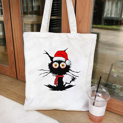 Lumini de Crăciun Genți de tote din pânză pentru pisici Geantă amuzantă de umăr pentru femei, petrecere de Crăciun fericit, geantă pentru cumpărături, geantă de mână reutilizabilă