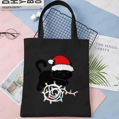 Lumini de Crăciun Genți de tote din pânză pentru pisici Geantă amuzantă de umăr pentru femei, petrecere de Crăciun fericit, geantă pentru cumpărături, geantă de mână reutilizabilă