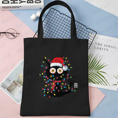 Lumini de Crăciun Genți de tote din pânză pentru pisici Geantă amuzantă de umăr pentru femei, petrecere de Crăciun fericit, geantă pentru cumpărături, geantă de mână reutilizabilă
