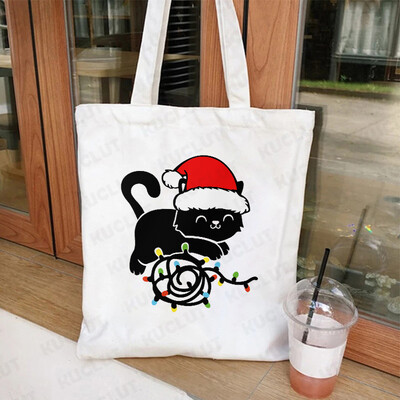 Lumini de Crăciun Genți de tote din pânză pentru pisici Geantă amuzantă de umăr pentru femei, petrecere de Crăciun fericit, geantă pentru cumpărături, geantă de mână reutilizabilă