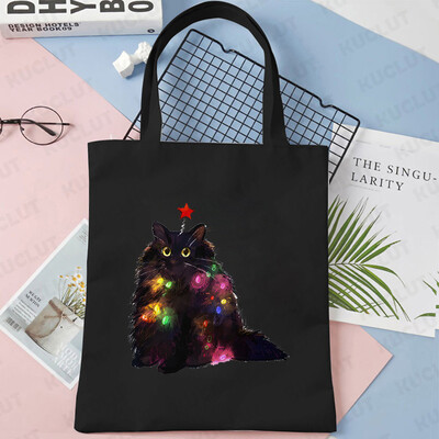 Lumini de Crăciun Genți de tote din pânză pentru pisici Geantă amuzantă de umăr pentru femei, petrecere de Crăciun fericit, geantă pentru cumpărături, geantă de mână reutilizabilă