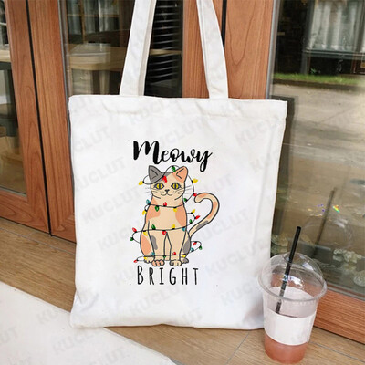 Lumini de Crăciun Genți de tote din pânză pentru pisici Geantă amuzantă de umăr pentru femei, petrecere de Crăciun fericit, geantă pentru cumpărături, geantă de mână reutilizabilă