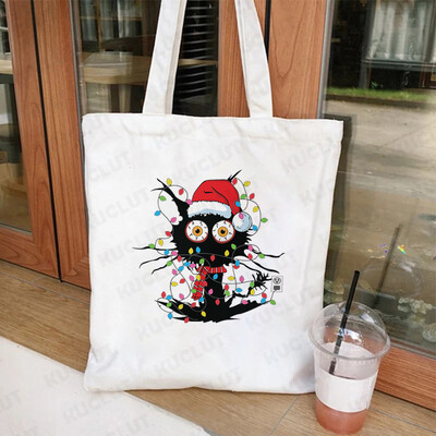 Lumini de Crăciun Genți de tote din pânză pentru pisici Geantă amuzantă de umăr pentru femei, petrecere de Crăciun fericit, geantă pentru cumpărături, geantă de mână reutilizabilă