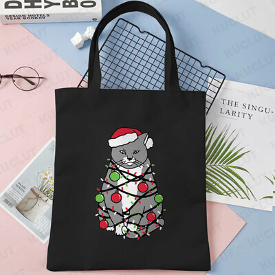 Lumini de Crăciun Genți de tote din pânză pentru pisici Geantă amuzantă de umăr pentru femei, petrecere de Crăciun fericit, geantă pentru cumpărături, geantă de mână reutilizabilă