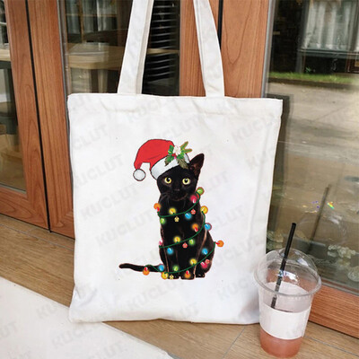 Lumini de Crăciun Genți de tote din pânză pentru pisici Geantă amuzantă de umăr pentru femei, petrecere de Crăciun fericit, geantă pentru cumpărături, geantă de mână reutilizabilă