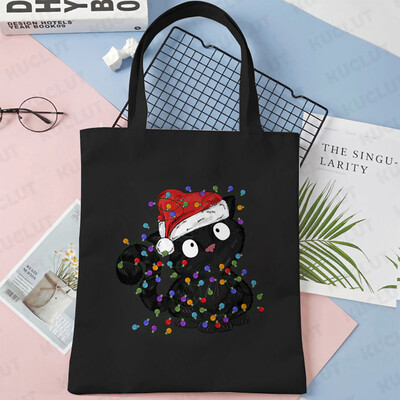 Lumini de Crăciun Genți de tote din pânză pentru pisici Geantă amuzantă de umăr pentru femei, petrecere de Crăciun fericit, geantă pentru cumpărături, geantă de mână reutilizabilă