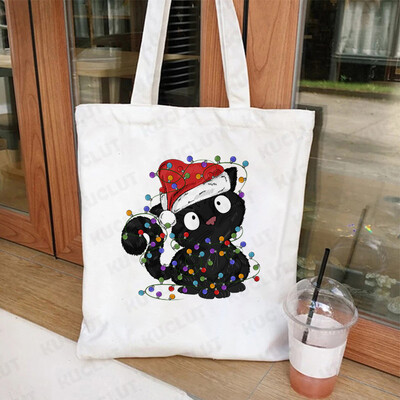 Lumini de Crăciun Genți de tote din pânză pentru pisici Geantă amuzantă de umăr pentru femei, petrecere de Crăciun fericit, geantă pentru cumpărături, geantă de mână reutilizabilă