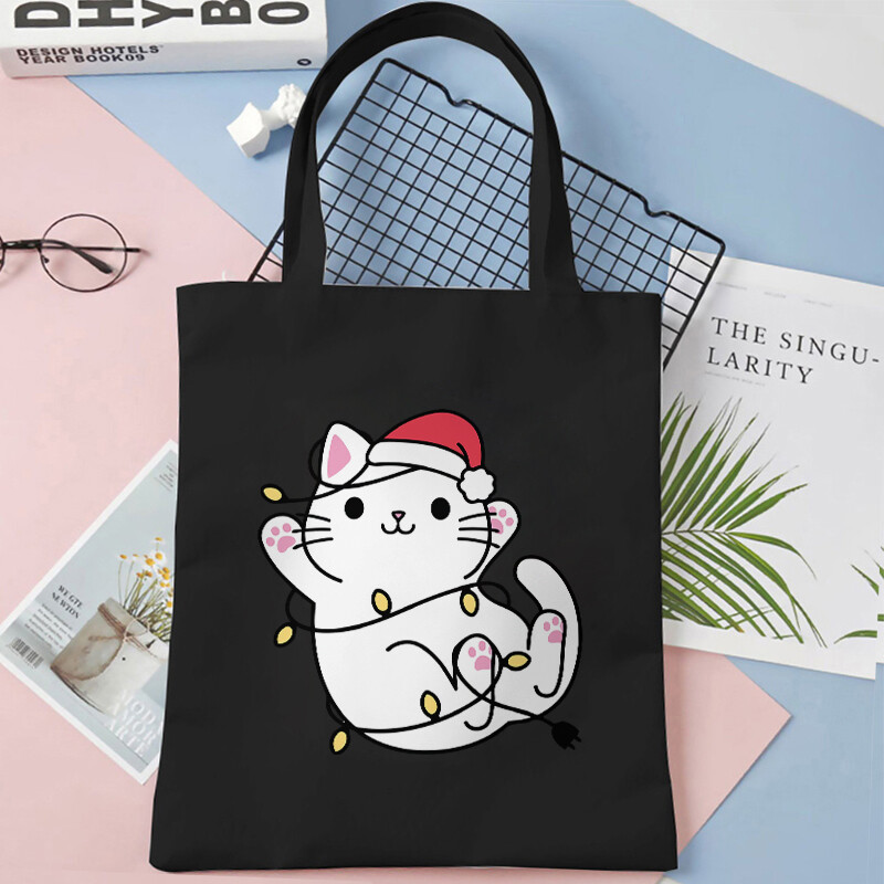 Lumini de Crăciun Genți de tote din pânză pentru pisici Geantă amuzantă de umăr pentru femei, petrecere de Crăciun fericit, geantă pentru cumpărături, geantă de mână reutilizabilă