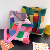 Atkārtoti lietojami iepirkumu maisiņi Japāņu gadījuma soma Varavīksnes šaha galda rokassomiņa Sieviešu rokām darināta trikotāžas vilnas kausa soma