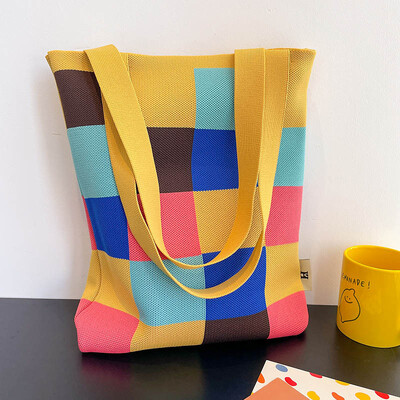 Atkārtoti lietojami iepirkumu maisiņi Japāņu gadījuma soma Varavīksnes šaha galda rokassomiņa Sieviešu rokām darināta trikotāžas vilnas kausa soma