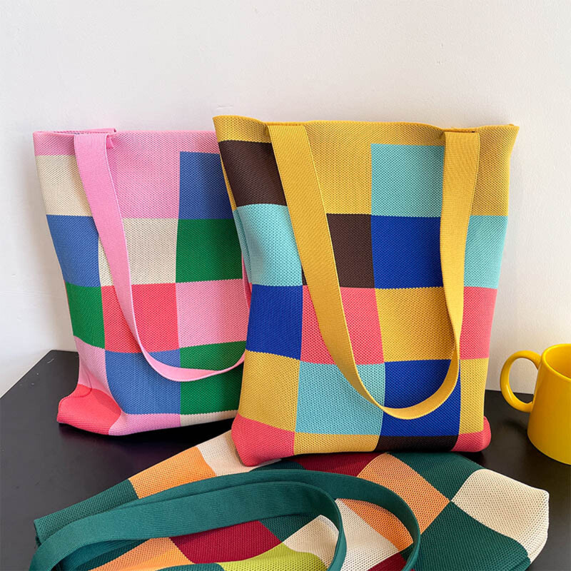 Atkārtoti lietojami iepirkumu maisiņi Japāņu gadījuma soma Varavīksnes šaha galda rokassomiņa Sieviešu rokām darināta trikotāžas vilnas kausa soma