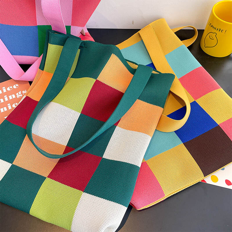 Atkārtoti lietojami iepirkumu maisiņi Japāņu gadījuma soma Varavīksnes šaha galda rokassomiņa Sieviešu rokām darināta trikotāžas vilnas kausa soma