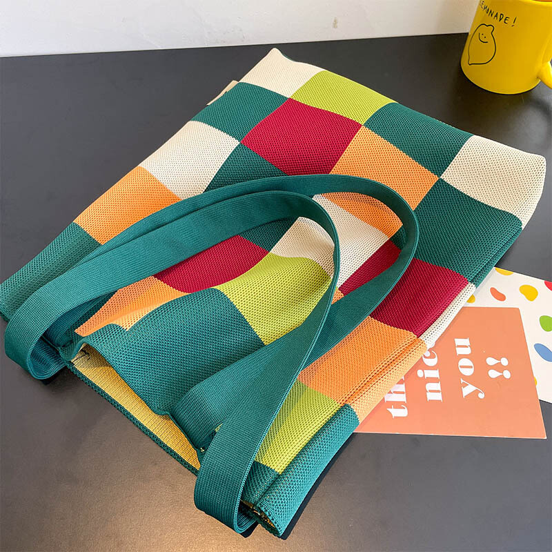 Atkārtoti lietojami iepirkumu maisiņi Japāņu gadījuma soma Varavīksnes šaha galda rokassomiņa Sieviešu rokām darināta trikotāžas vilnas kausa soma