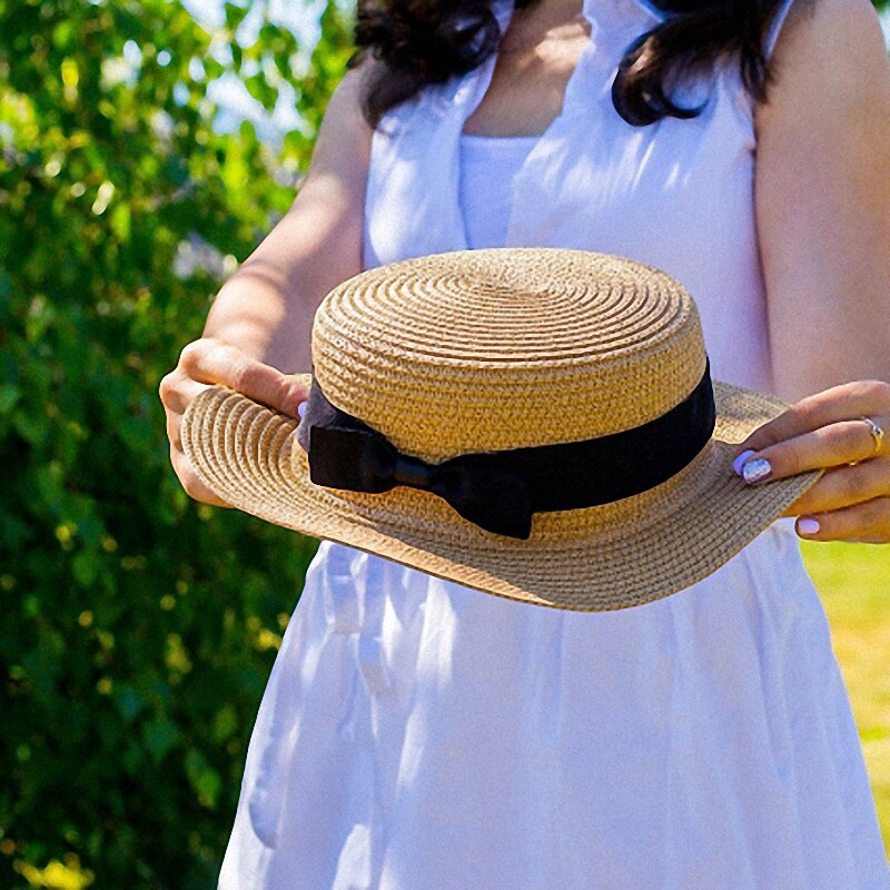 Pălărie de paie Pălărie de vară pentru femei Plajă pentru doamne Casual Plat Brom Bowknot Pălărie Panama Respirabilă FashPălării de soare de modă respirabile pentru femei