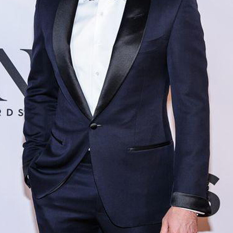 Tumši zili vīriešu uzvalki melni satīna šalles atloks Slim Fit balles vīriešu uzvalks modes kāzu smokingi 2 daļīgs komplekts jaka ar biksēm