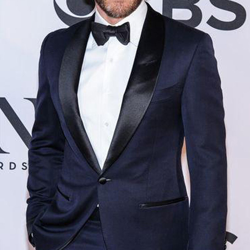 Tumši zili vīriešu uzvalki melni satīna šalles atloks Slim Fit balles vīriešu uzvalks modes kāzu smokingi 2 daļīgs komplekts jaka ar biksēm