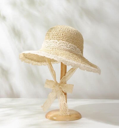 Μόδα δαντέλα γυναικείο καπέλο Καλοκαιρινό ψάθινο φιόγκο για κορίτσι καπέλο παραλία Παναμά Καπέλο πριγκίπισσα γυναικών Καπέλο και καπέλο κουβά Πολύχρωμο πτυσσόμενο Su