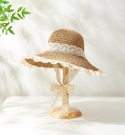 Μόδα δαντέλα γυναικείο καπέλο Καλοκαιρινό ψάθινο φιόγκο για κορίτσι καπέλο παραλία Παναμά Καπέλο πριγκίπισσα γυναικών Καπέλο και καπέλο κουβά Πολύχρωμο πτυσσόμενο Su