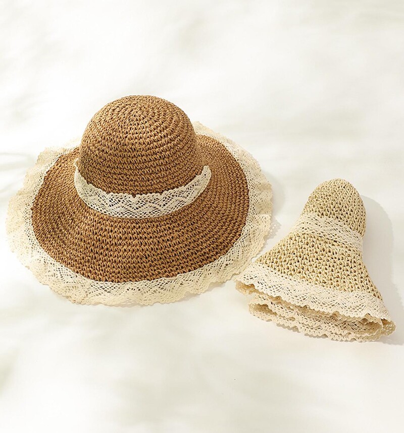 Μόδα δαντέλα γυναικείο καπέλο Καλοκαιρινό ψάθινο φιόγκο για κορίτσι καπέλο παραλία Παναμά Καπέλο πριγκίπισσα γυναικών Καπέλο και καπέλο κουβά Πολύχρωμο πτυσσόμενο Su