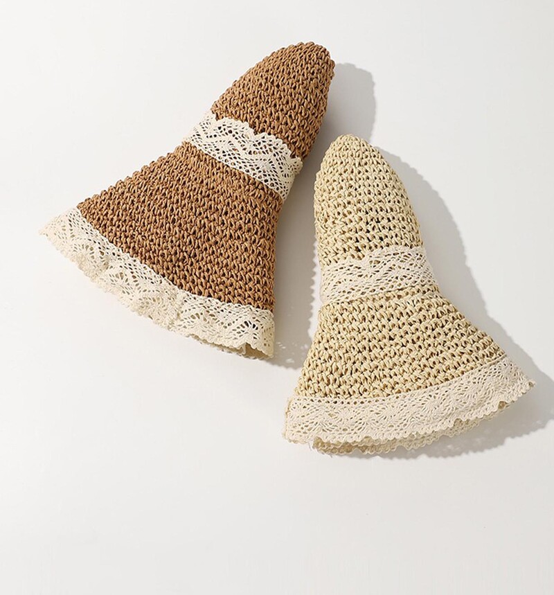 Μόδα δαντέλα γυναικείο καπέλο Καλοκαιρινό ψάθινο φιόγκο για κορίτσι καπέλο παραλία Παναμά Καπέλο πριγκίπισσα γυναικών Καπέλο και καπέλο κουβά Πολύχρωμο πτυσσόμενο Su