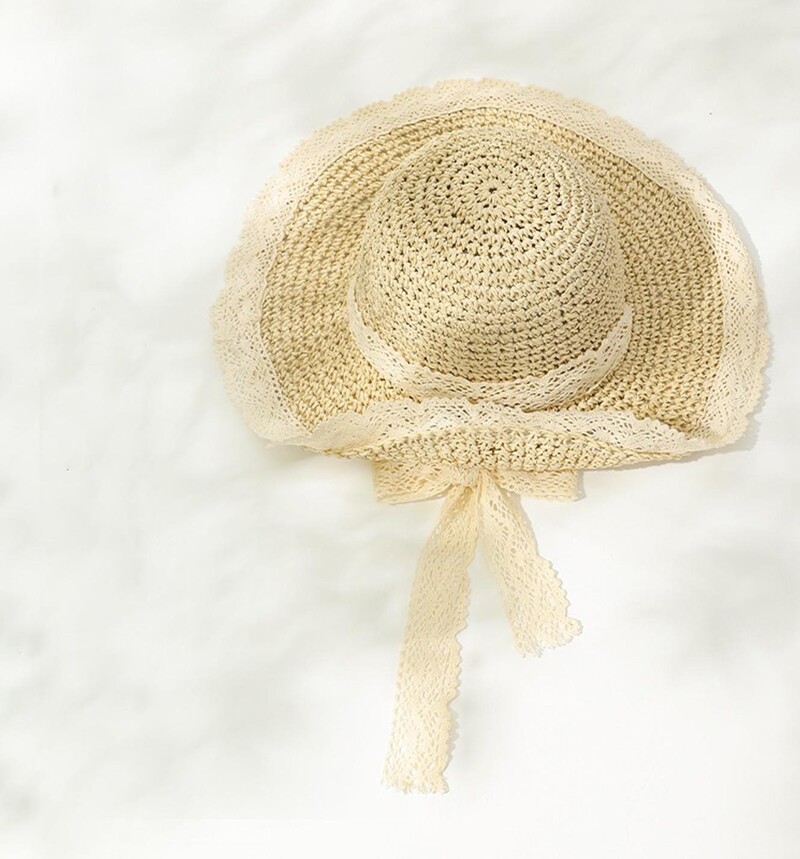 Μόδα δαντέλα γυναικείο καπέλο Καλοκαιρινό ψάθινο φιόγκο για κορίτσι καπέλο παραλία Παναμά Καπέλο πριγκίπισσα γυναικών Καπέλο και καπέλο κουβά Πολύχρωμο πτυσσόμενο Su
