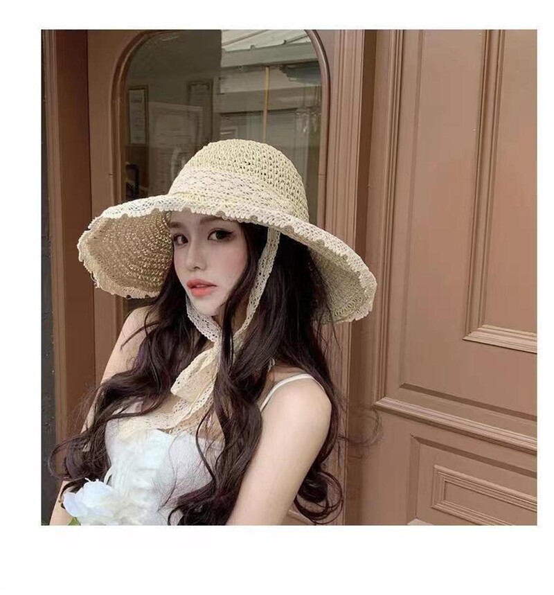 Μόδα δαντέλα γυναικείο καπέλο Καλοκαιρινό ψάθινο φιόγκο για κορίτσι καπέλο παραλία Παναμά Καπέλο πριγκίπισσα γυναικών Καπέλο και καπέλο κουβά Πολύχρωμο πτυσσόμενο Su