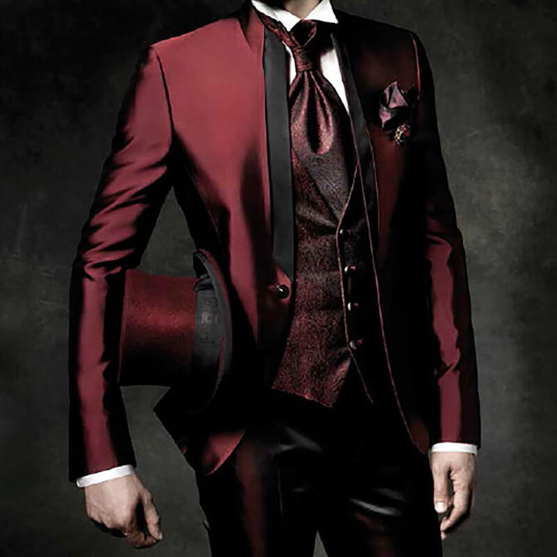 Costum Vin Roșu Burgundy Bărbați Frumoși Costume de nuntă pentru bărbați Tuxedo de mire croit Vintage Italian Costumul formal pentru bărbați Costum 3 piese