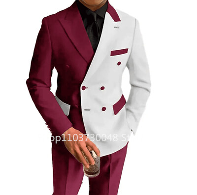 Moda 2 piese costume pentru bărbați de nuntă, slim fit, rever, pantaloni, blazer dublu, de afaceri, smoking de mire, costum masculin