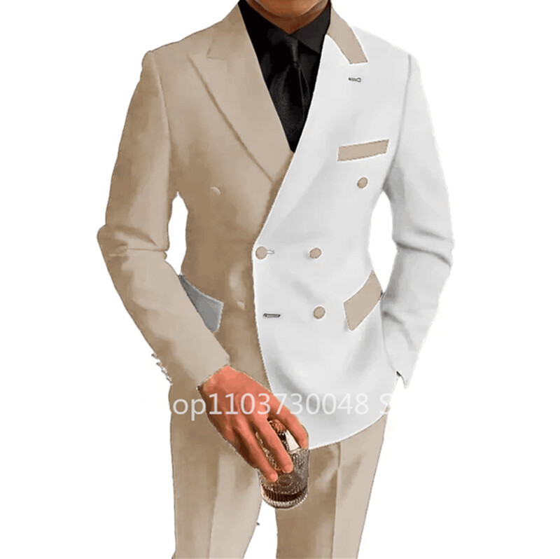 Moda 2 piese costume pentru bărbați de nuntă, slim fit, rever, pantaloni, blazer dublu, de afaceri, smoking de mire, costum masculin