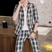 Modes Vasaras plāni Vīriešu komplekti Apģērbs Puspiedurkņu rūtains Mazs Uzvalks Blazeri un Bikses Divdaļīgs Komplekts Virsdrēbes Ikdienas Slim Fit Uzvalks