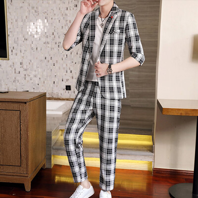 Modes Vasaras plāni Vīriešu komplekti Apģērbs Puspiedurkņu rūtains Mazs Uzvalks Blazeri un Bikses Divdaļīgs Komplekts Virsdrēbes Ikdienas Slim Fit Uzvalks