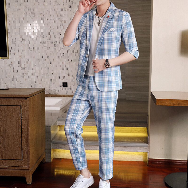 Modes Vasaras plāni Vīriešu komplekti Apģērbs Puspiedurkņu rūtains Mazs Uzvalks Blazeri un Bikses Divdaļīgs Komplekts Virsdrēbes Ikdienas Slim Fit Uzvalks