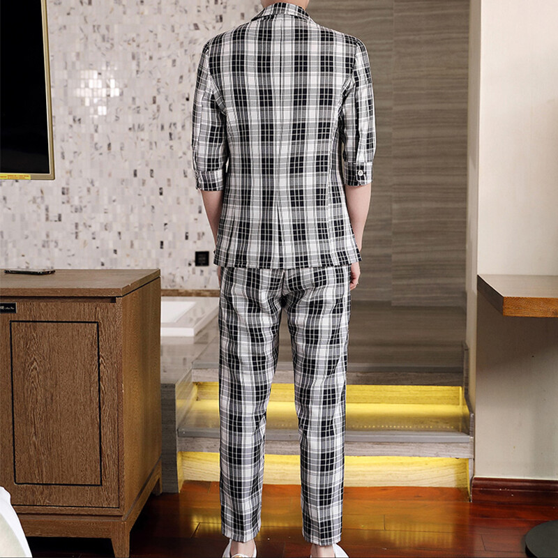 Modes Vasaras plāni Vīriešu komplekti Apģērbs Puspiedurkņu rūtains Mazs Uzvalks Blazeri un Bikses Divdaļīgs Komplekts Virsdrēbes Ikdienas Slim Fit Uzvalks